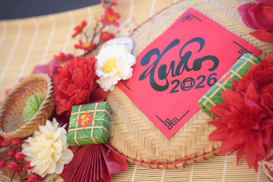 Vibrant Lunar New Year 2026 decoration featuring flowers and traditional elements for a festive ambiance.